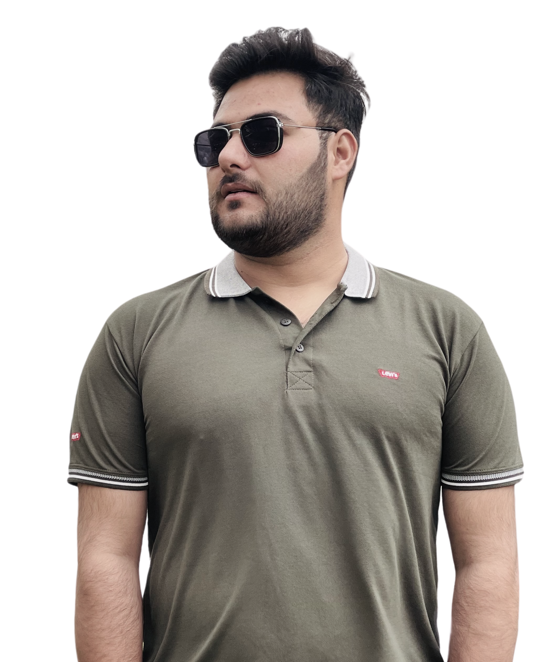 A man in a blue shirt with a happy expression